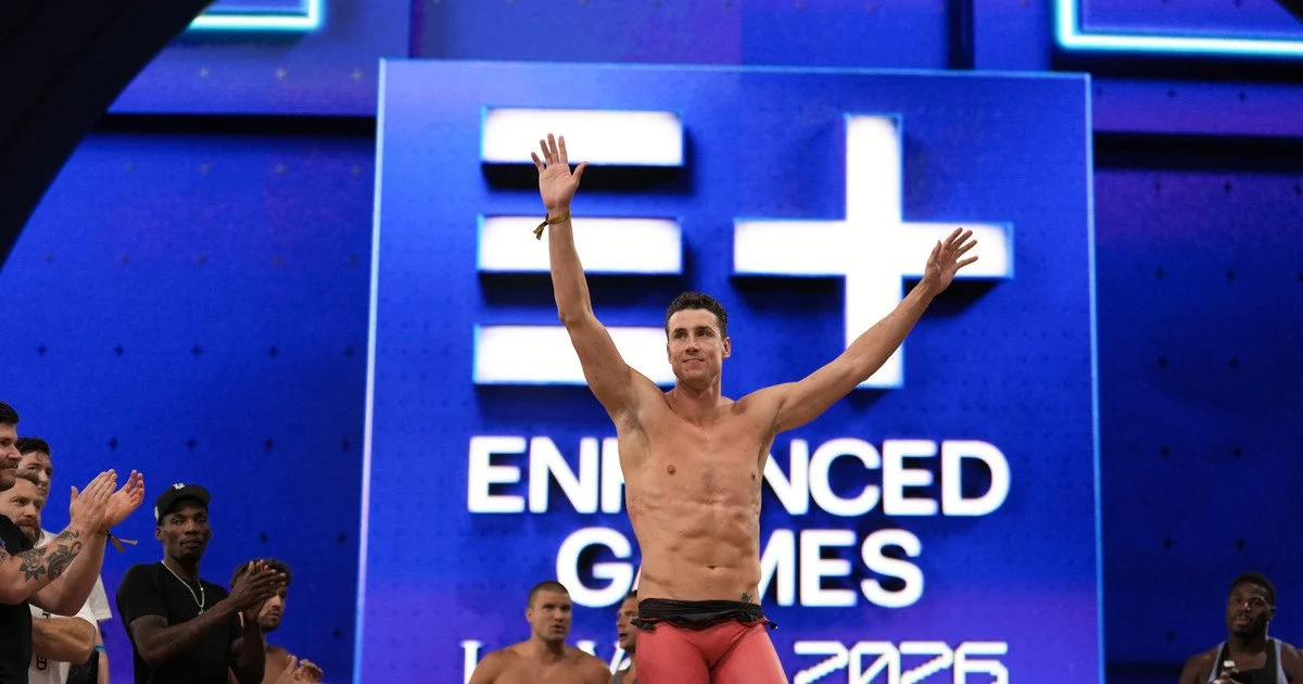 Greek swimmer Kristian Gkolomeev during the award ceremony at the Enhanced Games Greek swimmer Kristian Gkolomeev during the award ceremony at the Enhanced Games